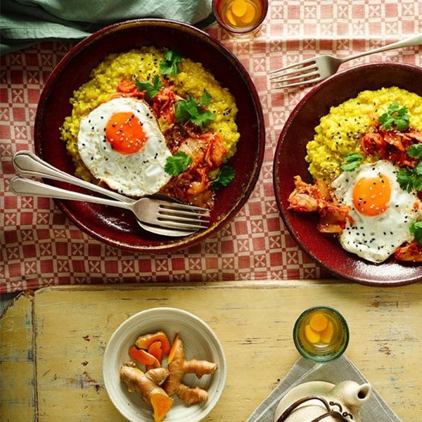 Turmeric Porridge with Kimchi and a Fried Egg